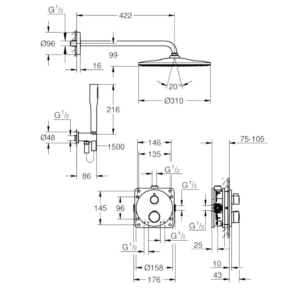 Grohe Grohtherm rejtett zuhanyrendszer, Rainshower Mono 310 fejzuhany készlet (34869000)