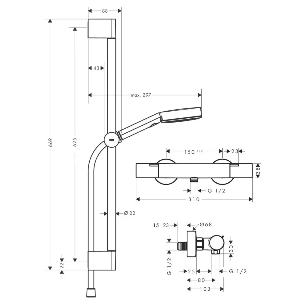 Hansgrohe Pulsify Select S zuhany rendszer termosztátos, 65cm-es zuhanyrúd, matt fekete (24262670)