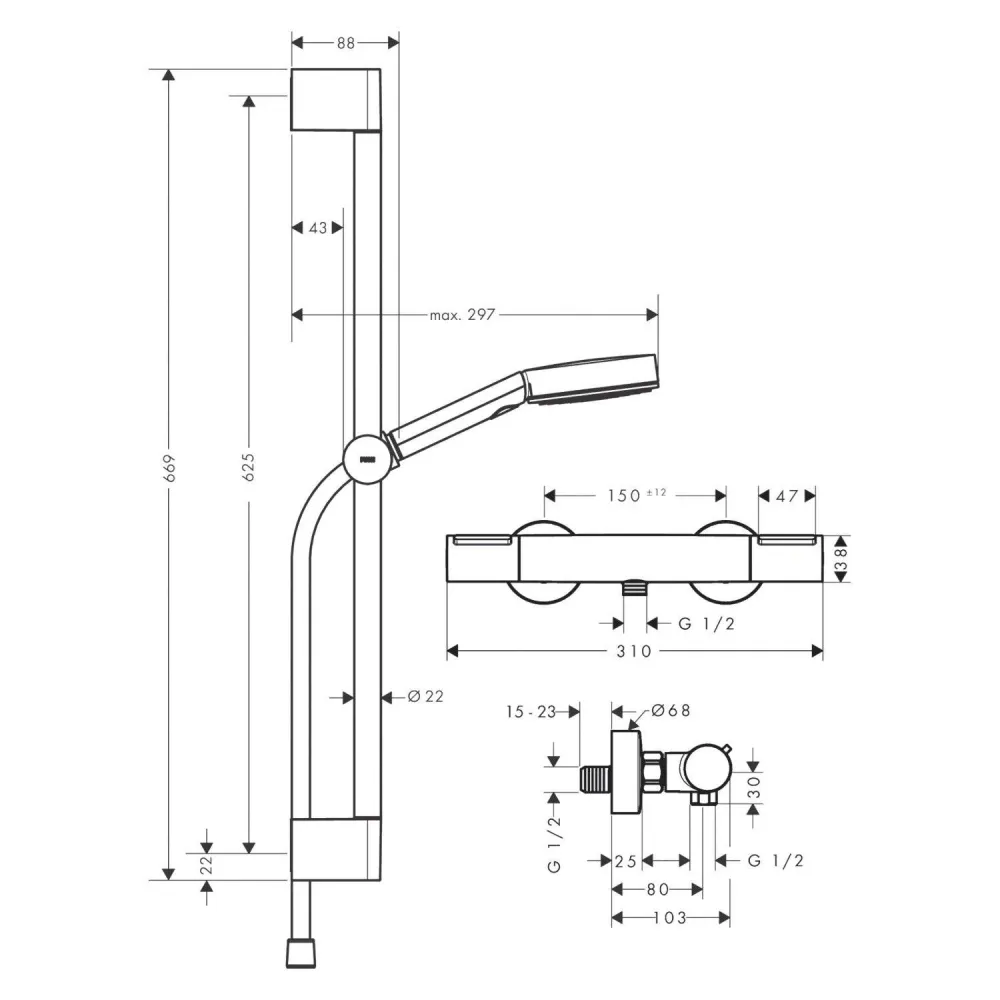 Hansgrohe Pulsify Select S zuhanyrendszer termosztátos, Ecostat Element, 65cm-es zuhanyrúd matt fekete (24272670)