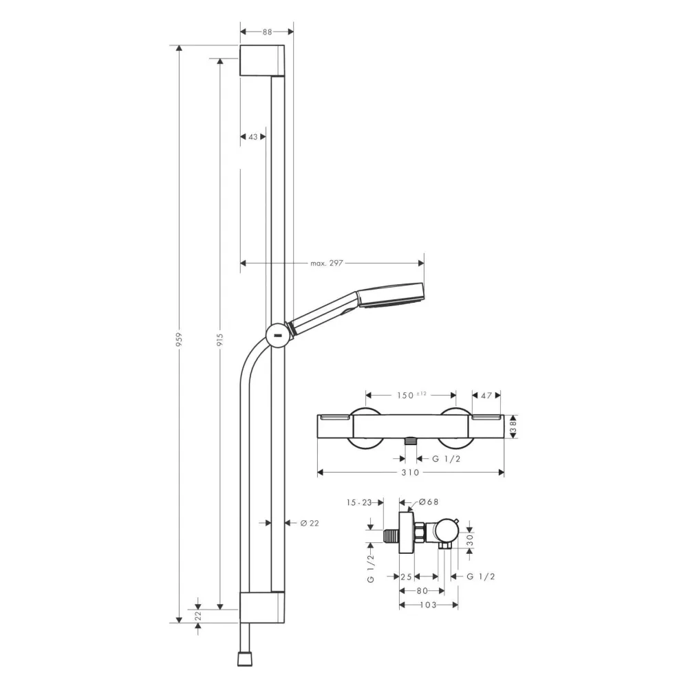 Hansgrohe Pulsify Select S zuhanyrendszer termosztátos, Ecostat Element, 90 cm-es zuhanyrúd, króm (24271000)