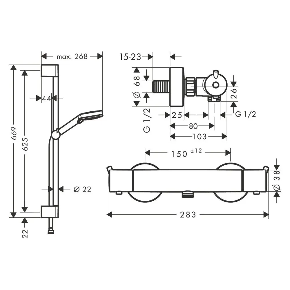 Hansgrohe Vernis Blend zuhanyrendszer termosztátos, Ecostat S, Crometta 65cm-es zuhanyrúd, króm (26960000)