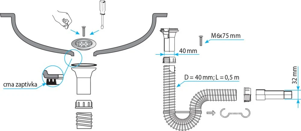 TEXO mosogató szifon flexibilis csővel - Ø 1" x 0,5 m x Ø 40/32 mm