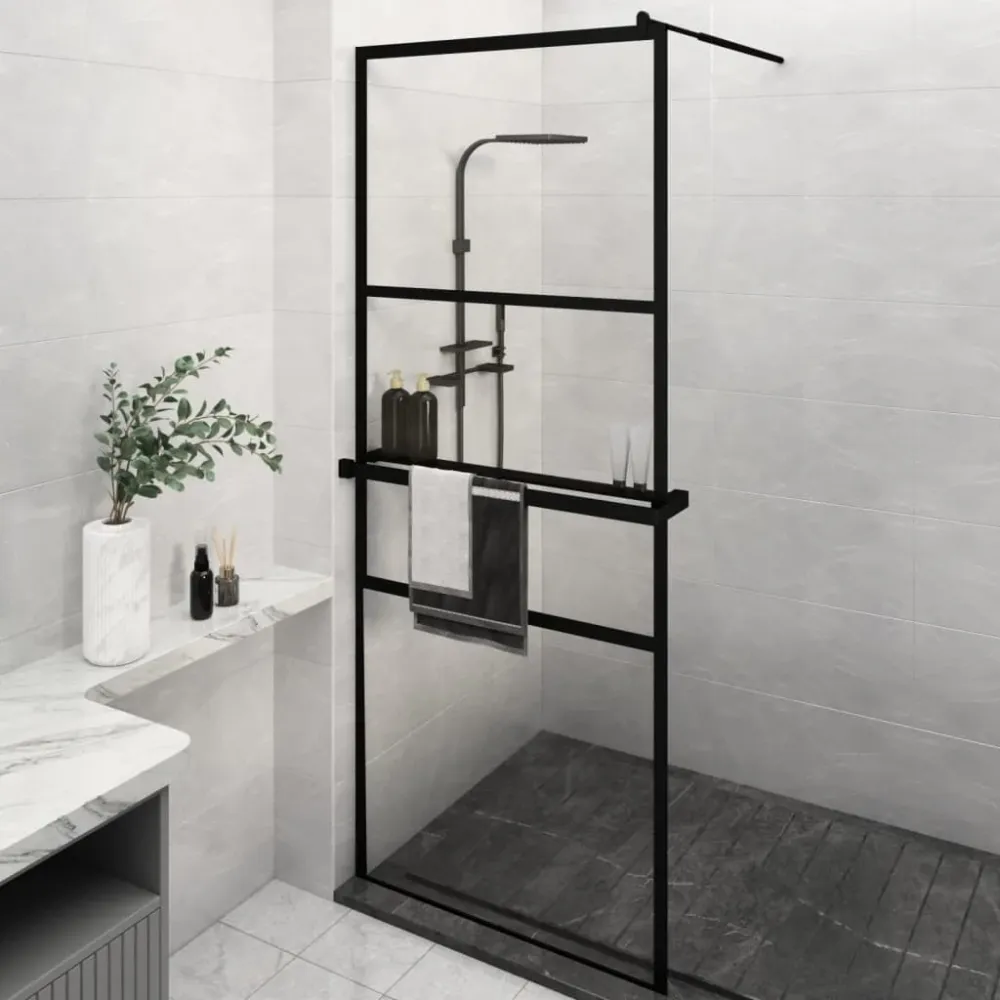 vidaXL fekete ESG üveg és alumínium zuhanyfal polccal 80 x 195 cm