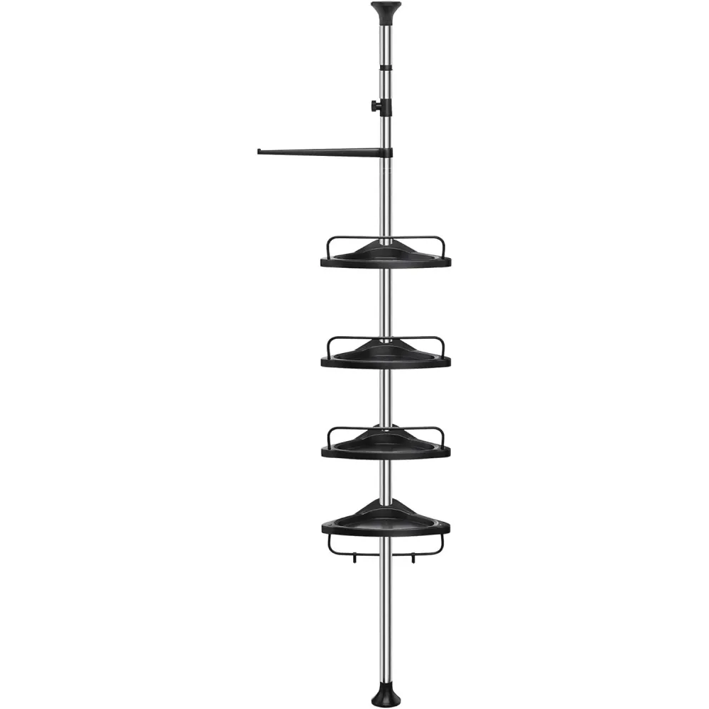 Állítható magasságú zuhanypolc 95-300 cm, teleszkópos fürdőszobai tároló, ezüst és fekete