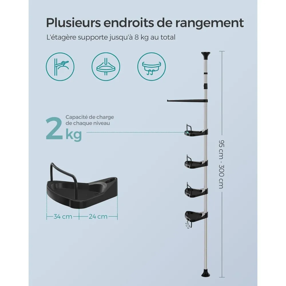 Állítható magasságú zuhanypolc 95-300 cm, teleszkópos fürdőszobai tároló, ezüst és fekete