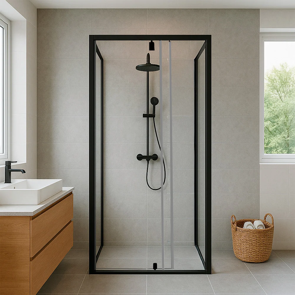 Flexi falsíkra szerelhető szögletes zuhanykabin 90x90 cm zuhanytálca nélkül fekete