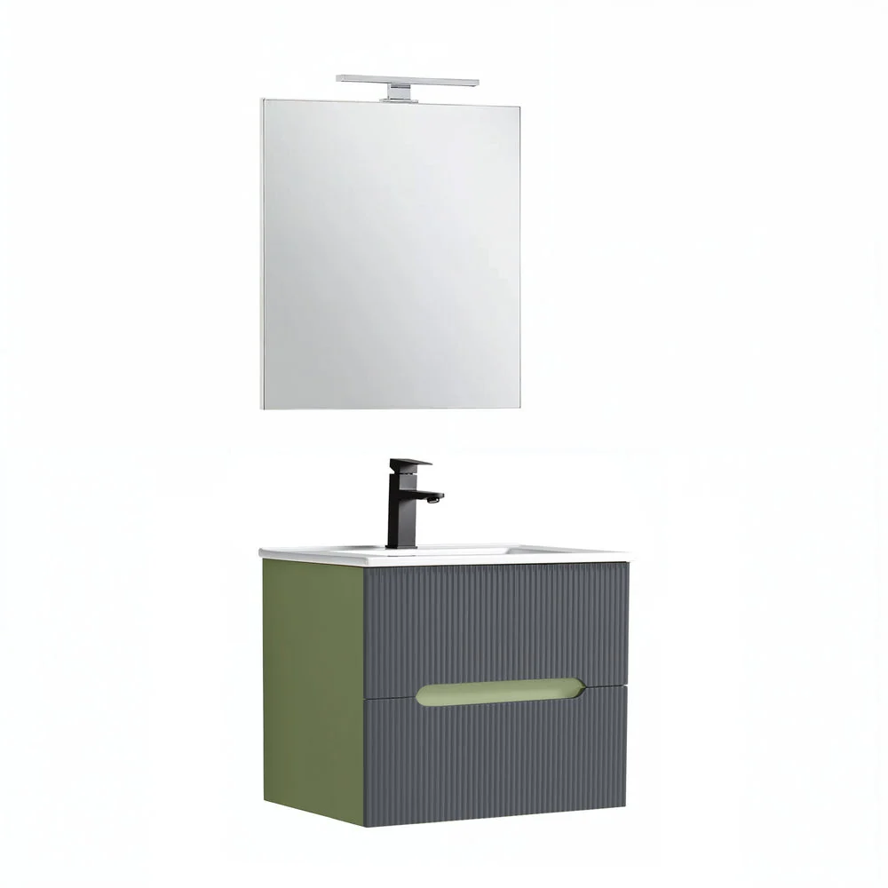Trent Fürdőszobabútor 60 cm kerámia mosdóval (2 fiókos) tükörrel 60x80 cm pisztáciazöld-antracit szürke
