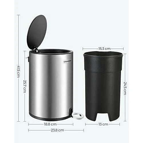 Kozmetikai szemetes, 3 l, fürdőszobai kuka fedéllel, pedálos, acél, ezüst-fekete