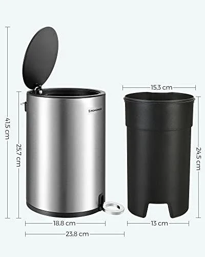 Kozmetikai szemetes, 3 L, fürdőszobai kuka fedéllel, pedálos, acél, ezüst-fekete