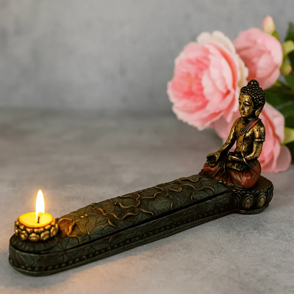 Buddha füstölőtartó és doboz antik 2 darabos készlet