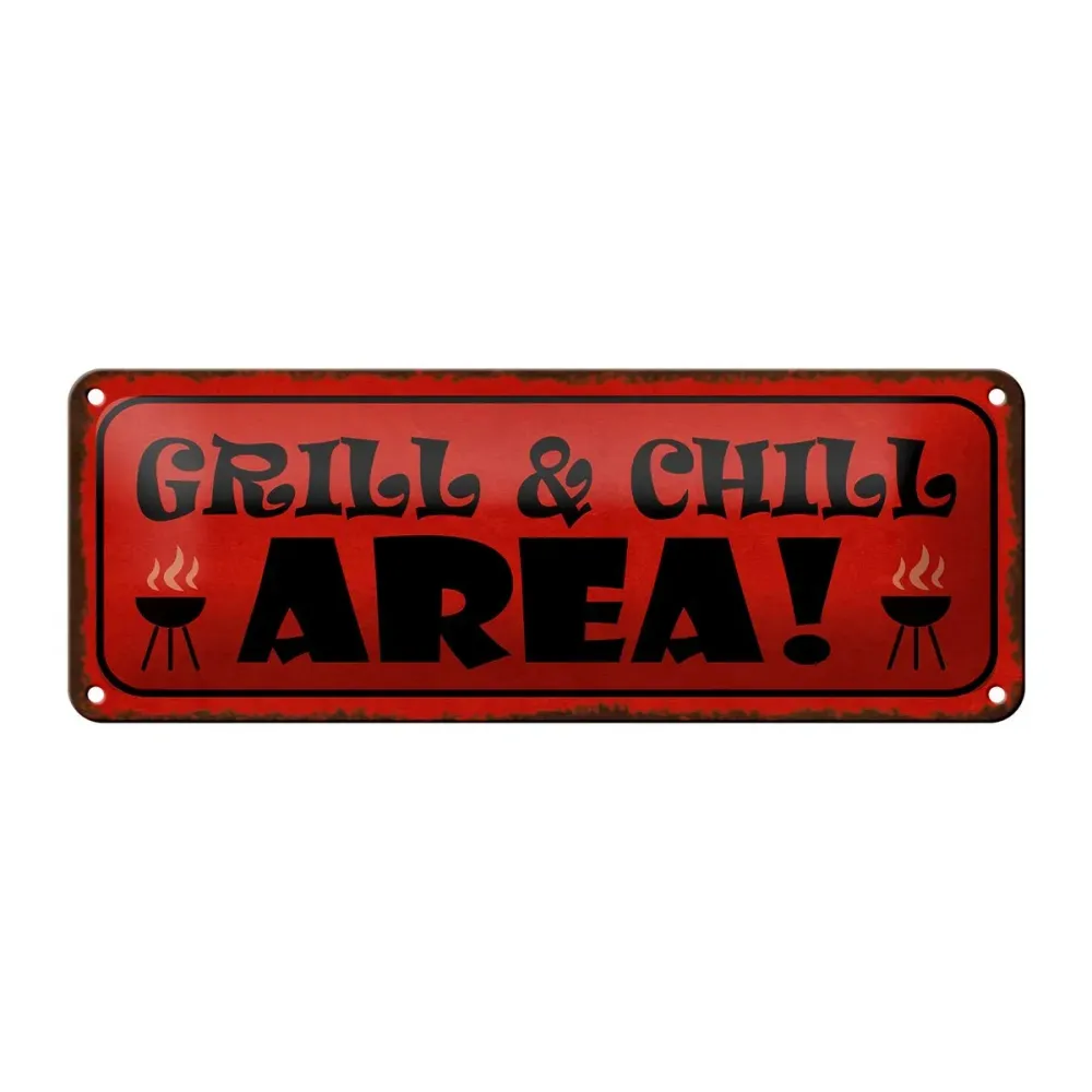 Grill & Chill Area – íves fémtábla dekoráció (27 × 10 cm)