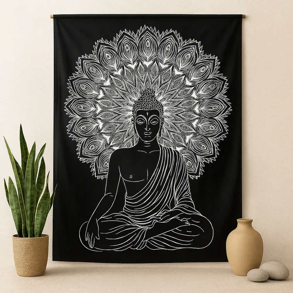 Dupla ágytakaró, fekete-fehér Buddha falikép