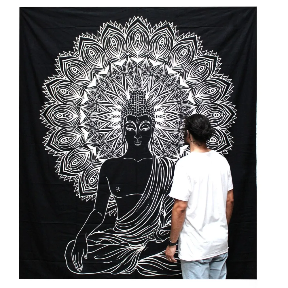 Dupla ágytakaró, fekete-fehér Buddha falikép