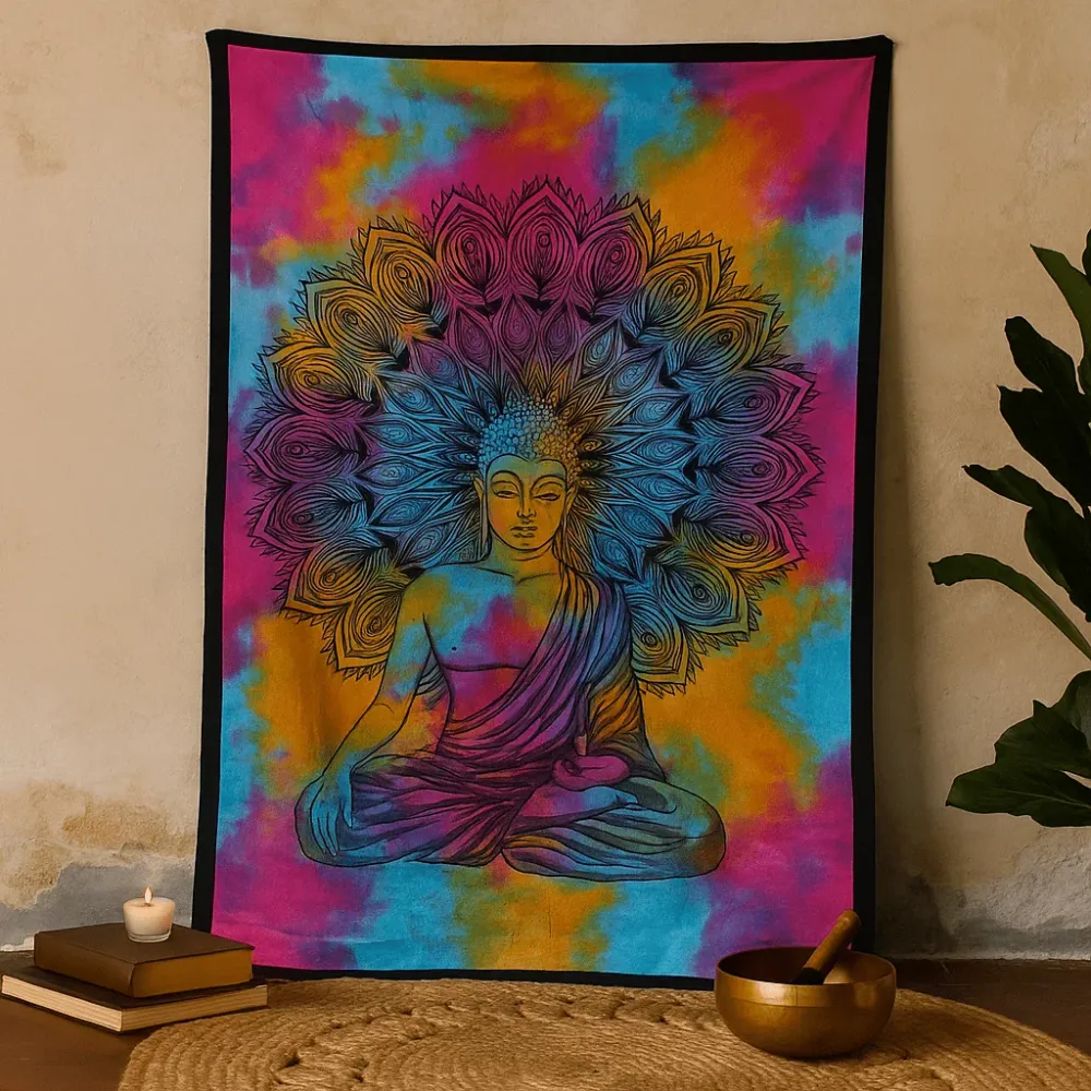 Egyszínű pamut ágytakaró és falidísz – Buddha