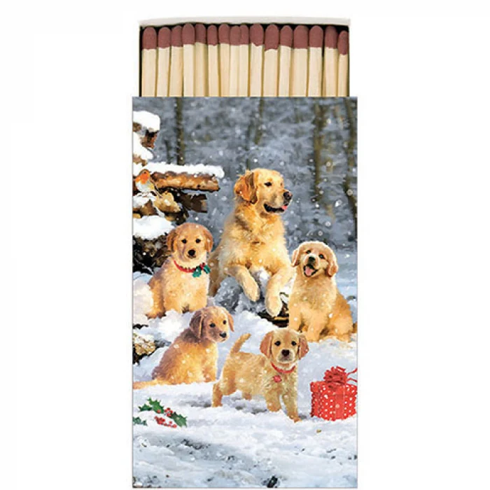 Golden retriever kölykök gyufa karácsonyi díszdobozban