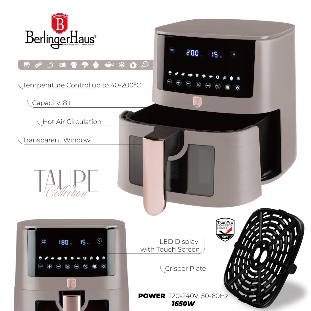 XXXL AirFryer átlátszó ablakkal digitális 8 liter Berlinger Haus matt szürke