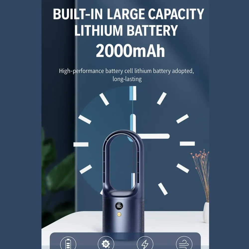Lapát nélküli asztali ventilátor LED-del és USB-vel - Csendes, biztonságos és vezeték nélküli