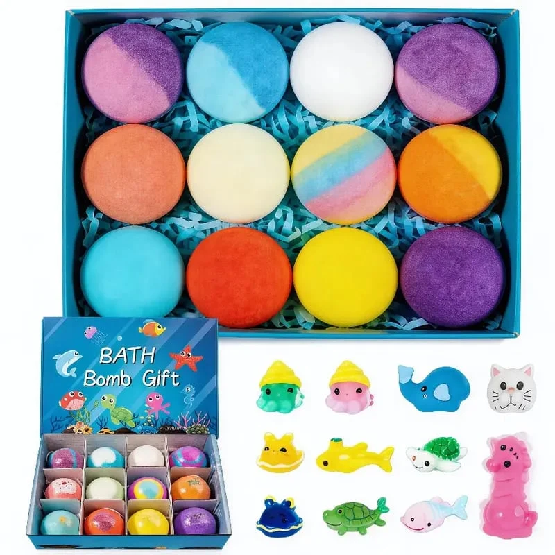 🔥🛁 Természetes fürdőbombák gyerekeknek megabuborékokkal és egy meglepetéssel belül 🥚✨12 db [1 csomag]