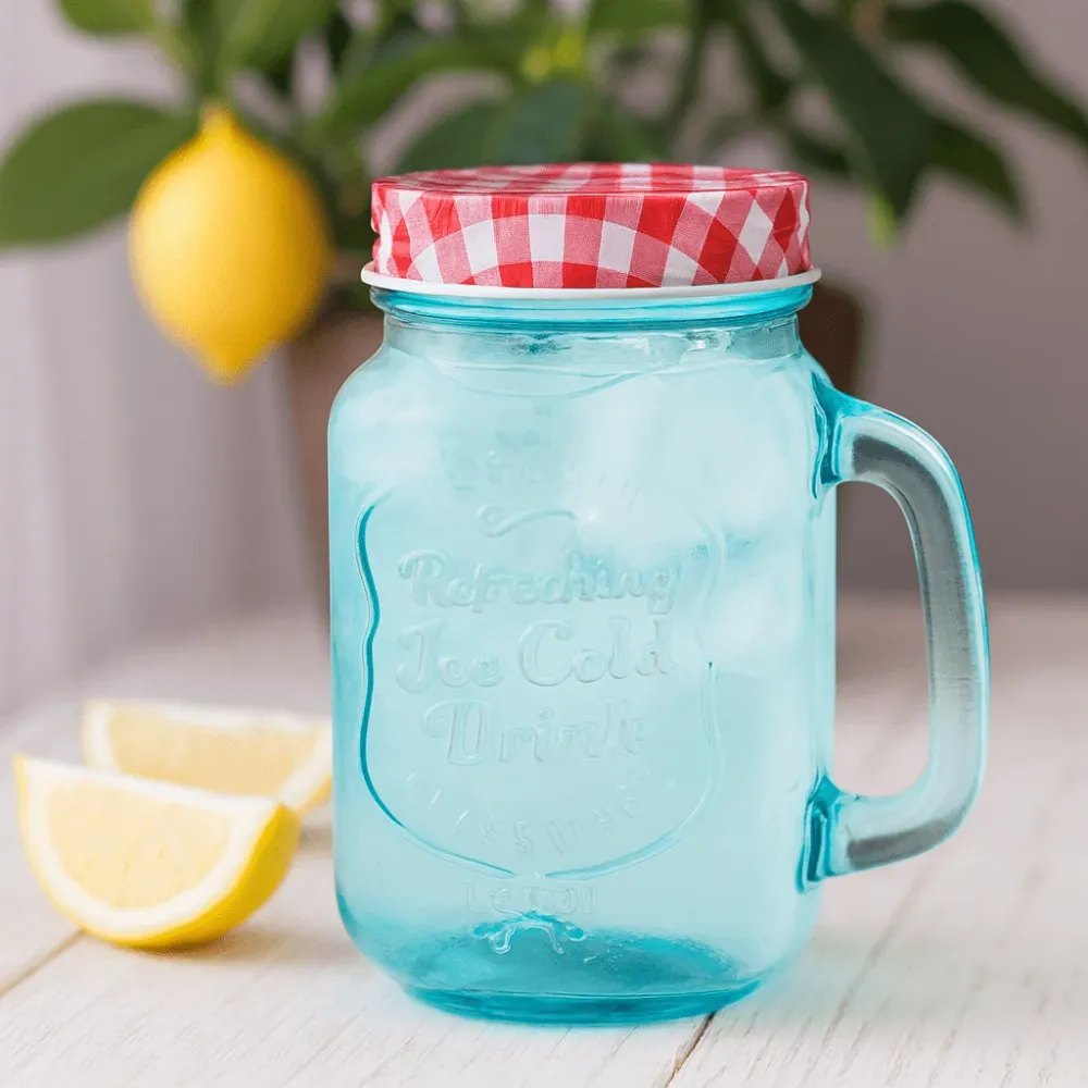 Üveg Mason bögre tetővel, kék 450ml