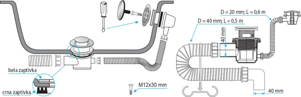 TEXO kádszifon - KRÓM - Klikk - klakk leeresztővel - flexibilis csővel - Ø 5/4" x 0,5 m x Ø 40 mm