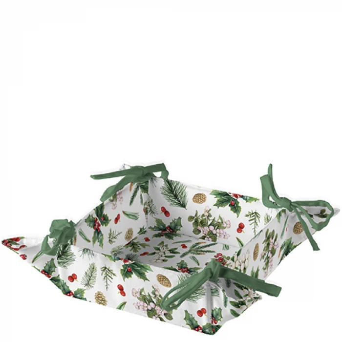 Karácsonyi pamut kenyérkosár Winter greenery white