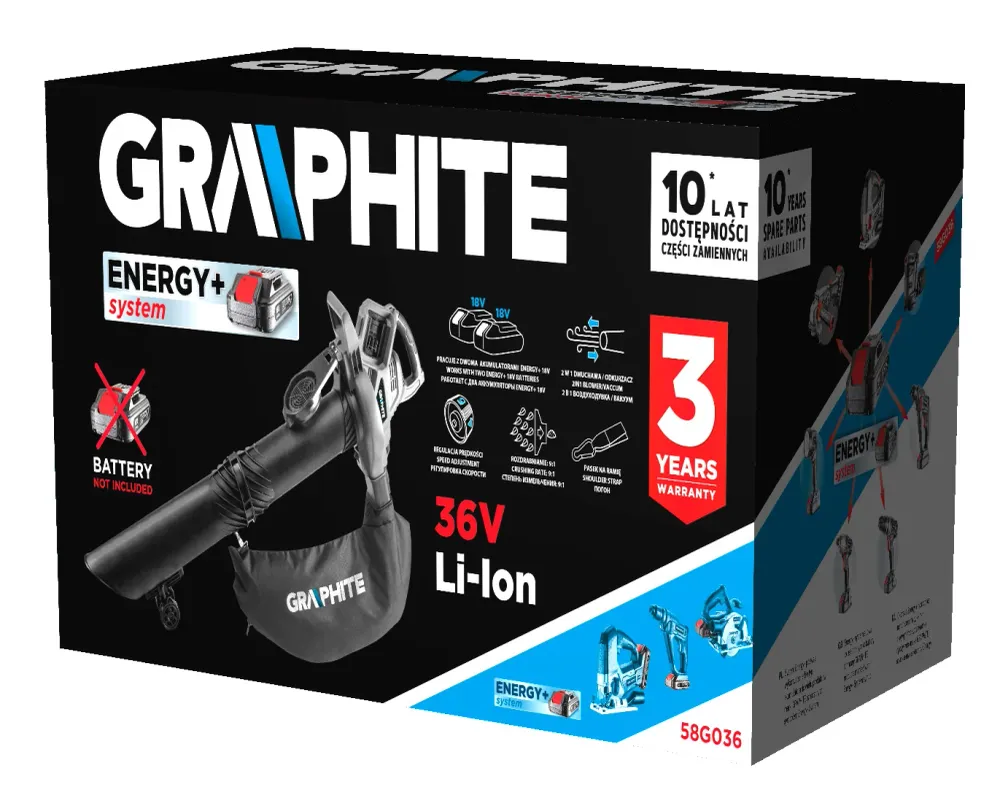 Akkus lombszívó ENERGY+ 36V (2x18V), 2az1-ben, zsák 35L, akku nélkül