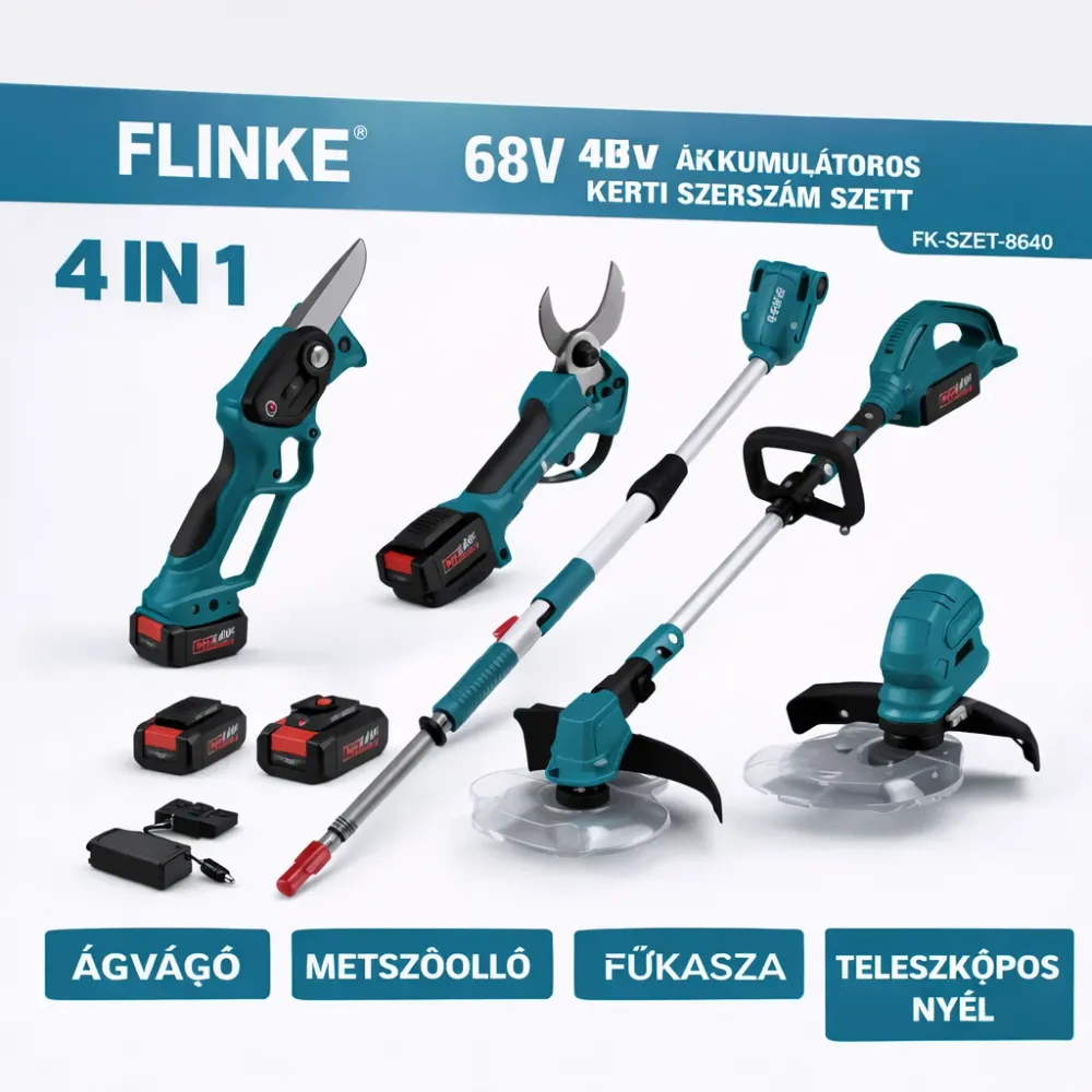 Flinke 68V Akkumulátoros Kerti Szerszám Szett 4 az 1-ben – Ágvágó, Metszőolló, Fűkasza, Teleszkópos Nyéllel (FK-SZET-8640)