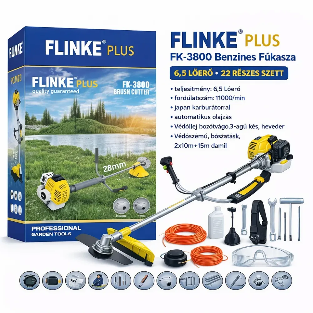 Flinke PLUS FK-3800 Benzines Fűkasza 6.5HP – 22 Részes Profi Bozótvágó Szett, Japán Karburátorral