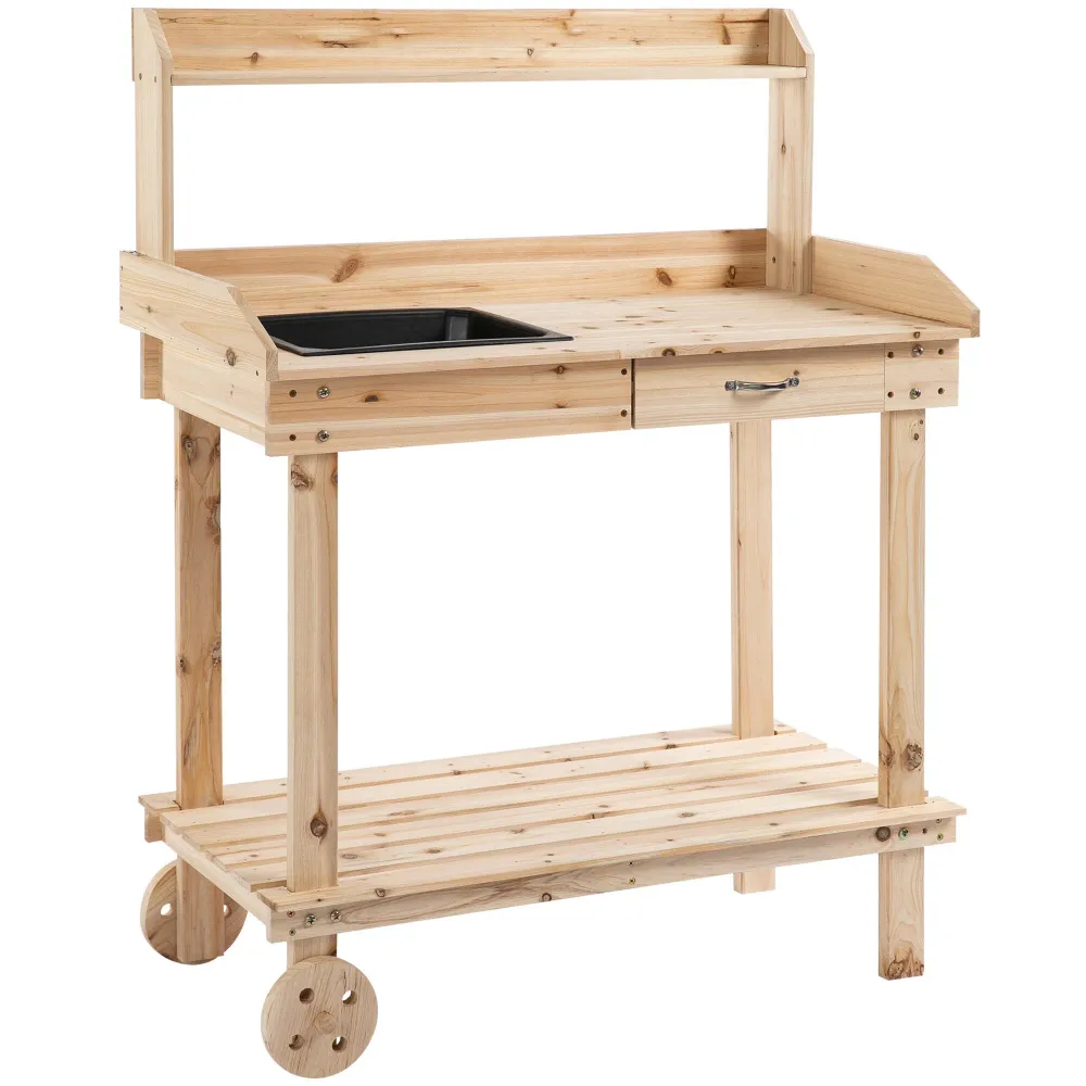 Ültetőasztal fiókkal, 2 szintes kertészasztal mosdókagylóval és kerekekkel 92x45x119 cm