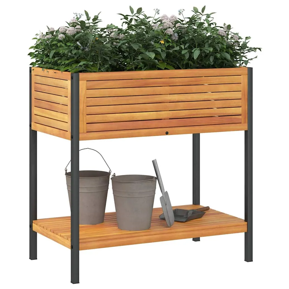 vidaXL tömör akácfa és acél kerti virágtartó polccal 80 x 45 x 80 cm