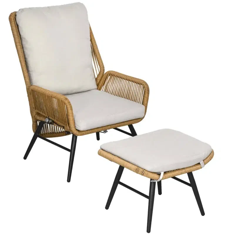 Polyrattan kerti szék és labtartó, állítható háttámla, világosbarna/szürke/fekete