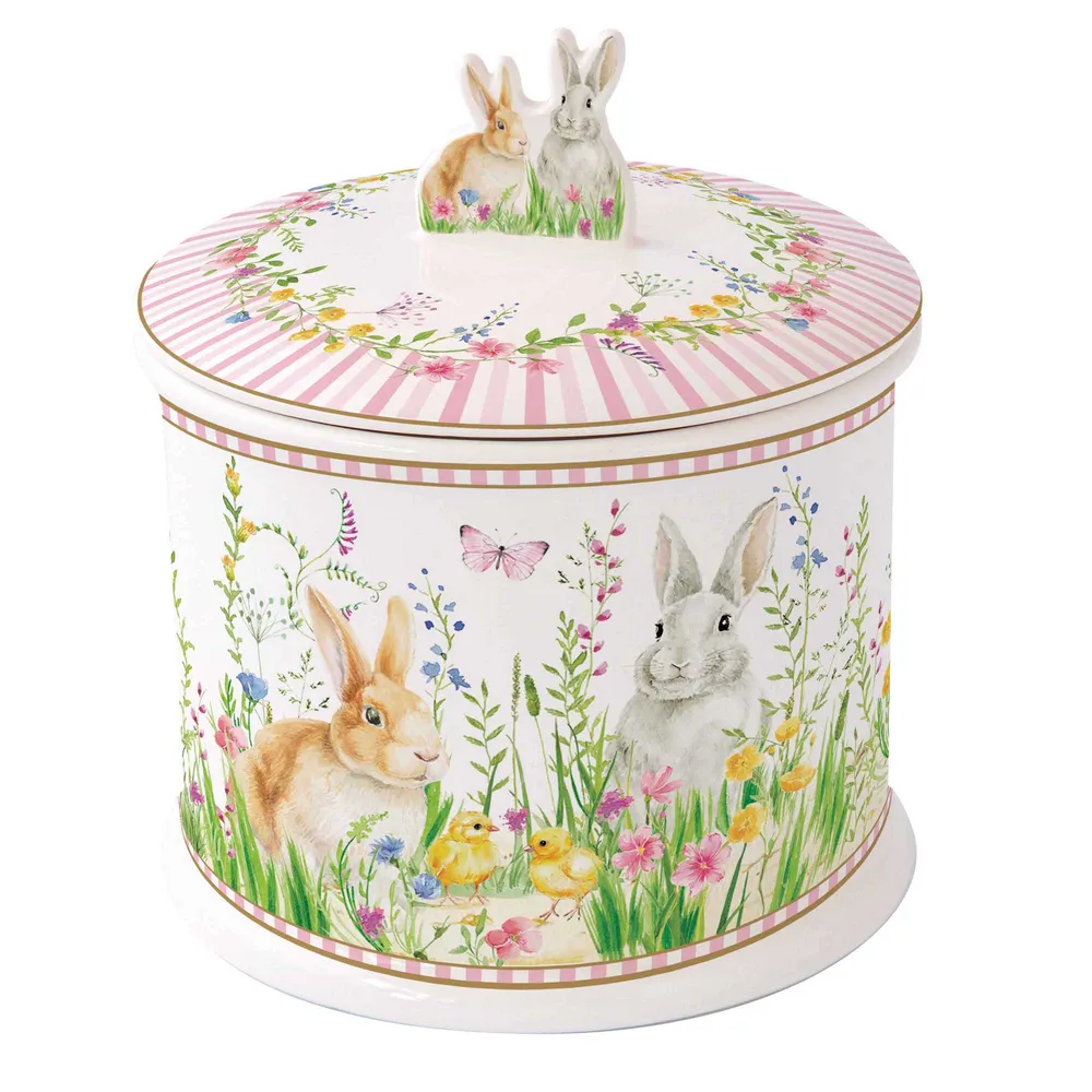 Húsvéti nyuszis porcelán keksztároló díszdobozban Happy Easter