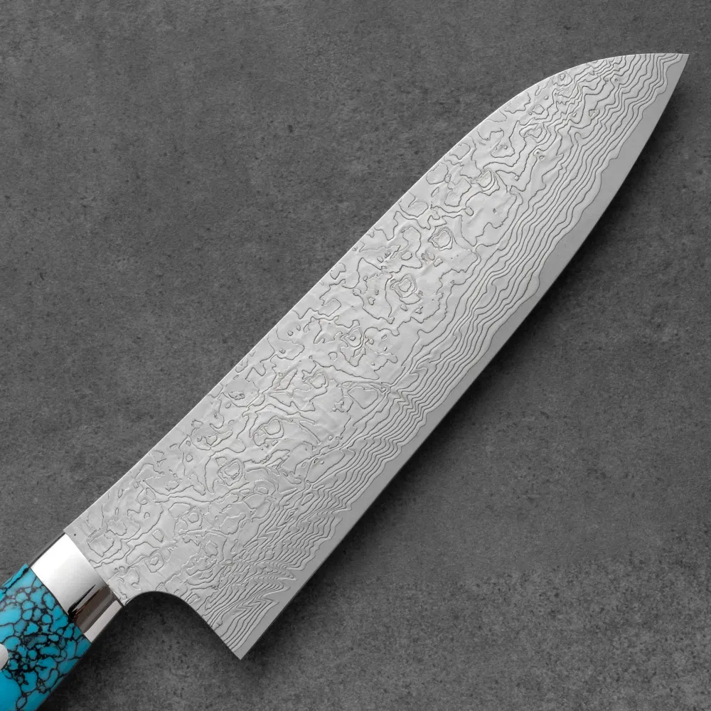 Takeshi Saji R2/SG2 Damascus Diamond finish Santoku Blue Turquoise 180 mm