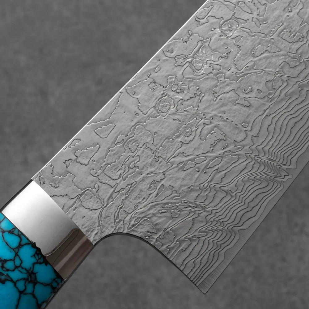 Takeshi Saji R2/SG2 Damascus Diamond finish Gyuto Blue Turquoise 240 mm