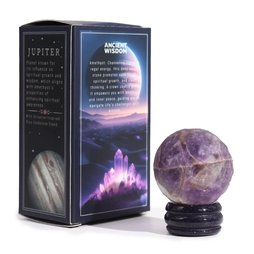 Ametiszt kristálygömb aranykő állvánnyal Jupiter