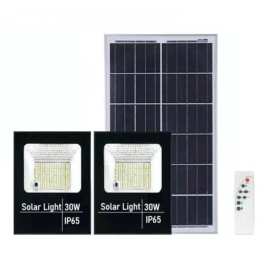 Vivimall 2 db 30W-os SMD LED reflektor szett napelemes töltéssel, napelem, távirányítóval, rögzítőkonzollal, ABS anyagból,...