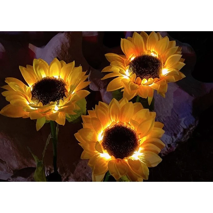 Vivimall napraforgó alakú LED szolárlámpa, 3 virág, 70 cm magasság, kerti használatra