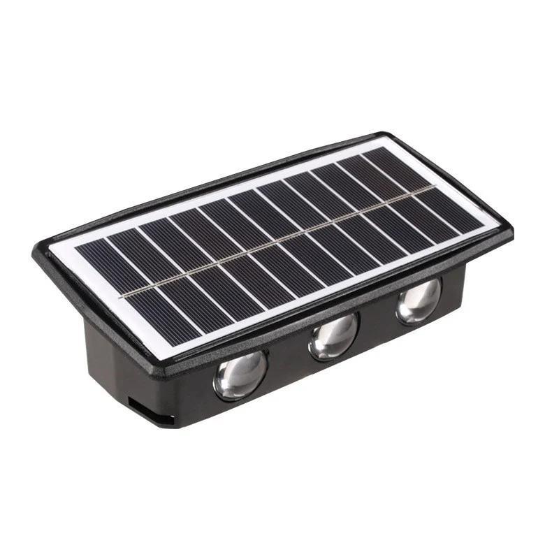 Vivimall téglalap alakú, kétirányú LED napelemes fali lámpa, 20.5x10 cm, 6 LED, 5.5V, ABS, 500mAh, IP65 vízálló, hideg fehér