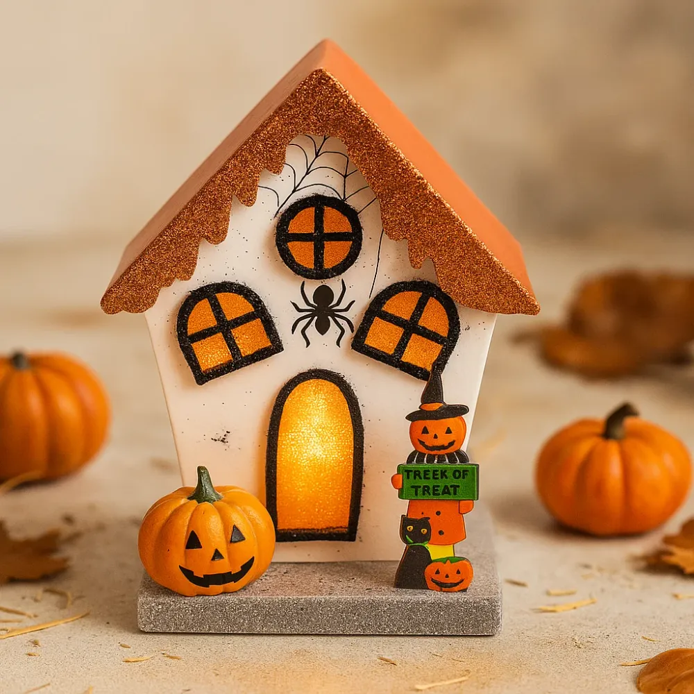 Halloween LED dekoráció pókháló tök ház csillogás