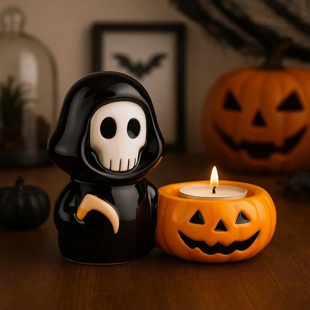 Tealight gyertyatartó Halloween kerámia koponya kaszás