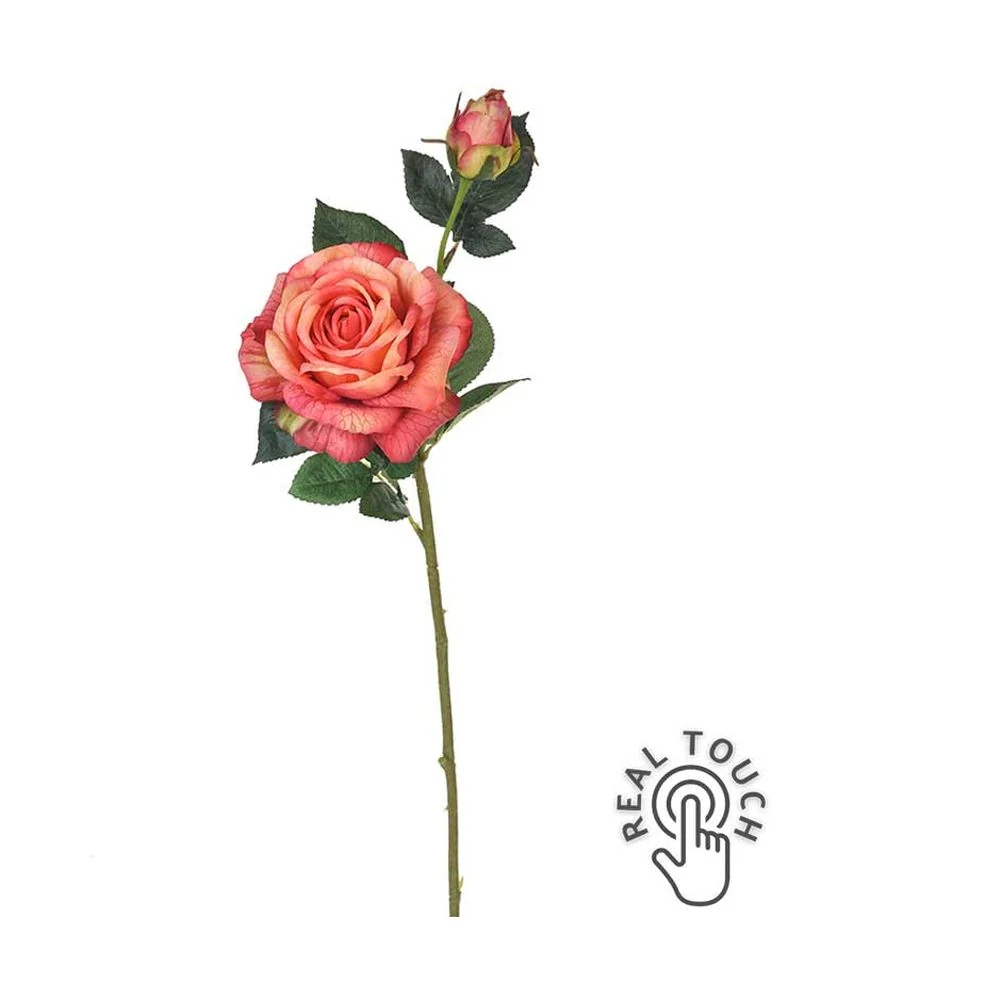 Rózsa művirág 65 cm narancsos pink - Real Touch "Rose"