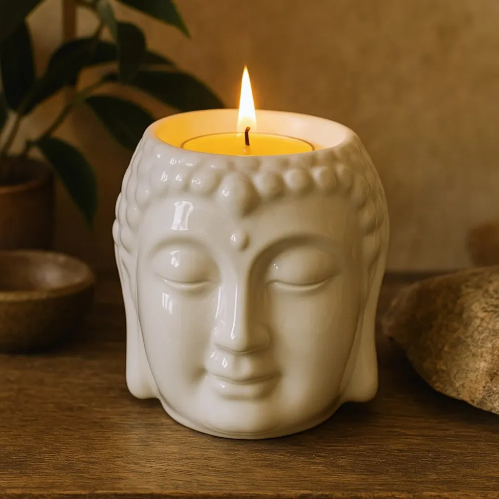Buddha fej mécses olajégő, fehér kerámia
