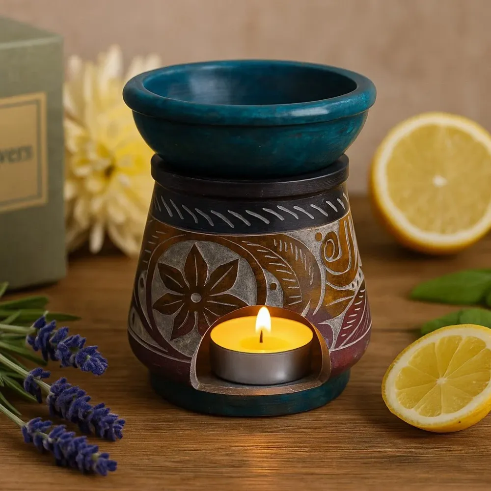 Szappankő aromaterápiás olajégő 8 cm virágos többszínű
