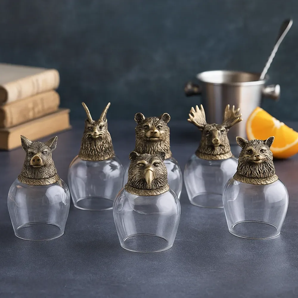 Antik bronz állatfejes likőrös pohár szett 5x50ml