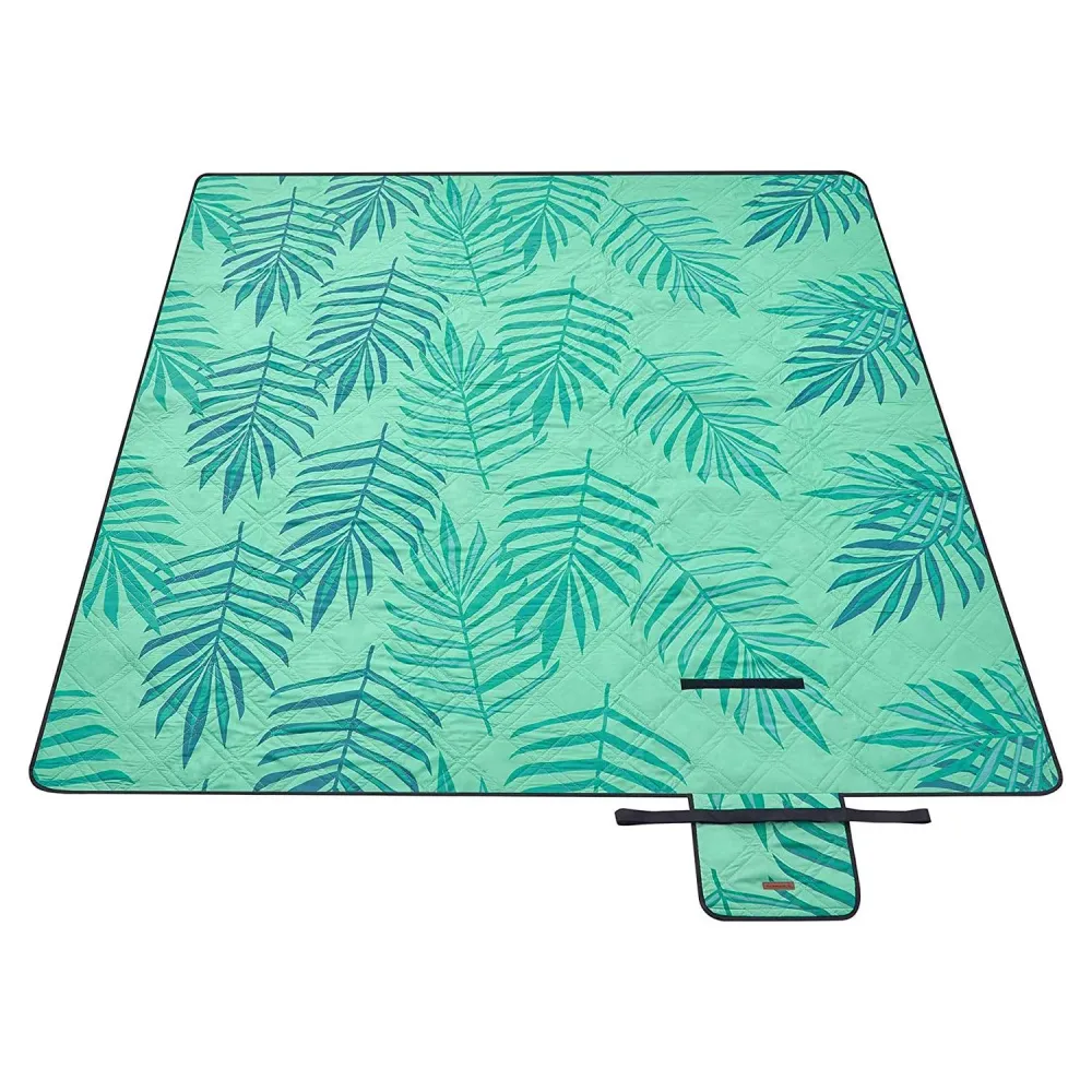 Nagy vízálló kemping takaró, strand szőnyeg 200 x 200 cm, zöld trópusi mintával