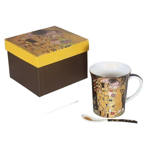 Klimt bögre porcelán kanállal díszcsomagolásban Csók 350 ml fekete háttérrel