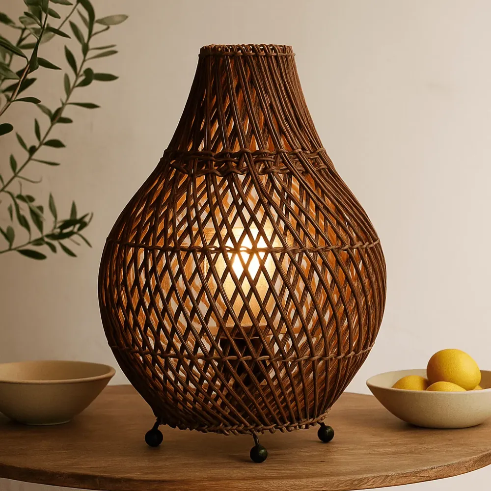 Rattan asztali lámpa UK csatlakozóval sötétbarna