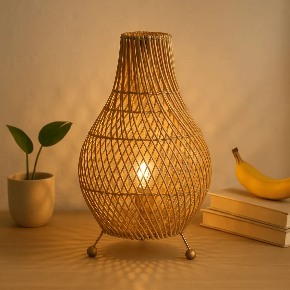 Rattan asztali lámpa természetes izzóval együtt