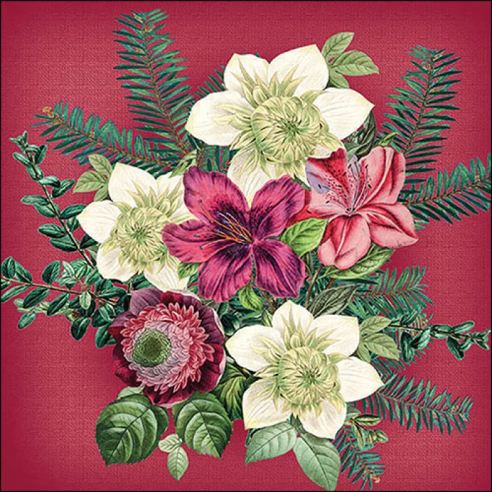 Azalea és Helleborus piros karácsonyi három rétegű papírszalvéta 33x33 cm
