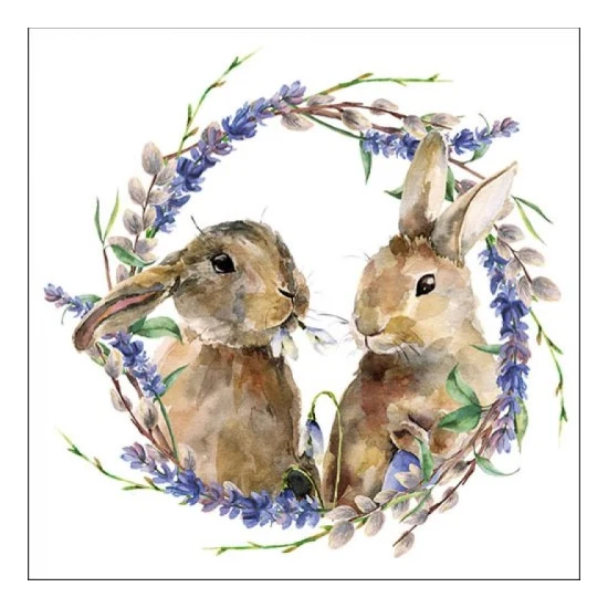 Húsvéti nyuszik virágkoszorúban papírszalvéta Rabbit Wreath 33x33cm